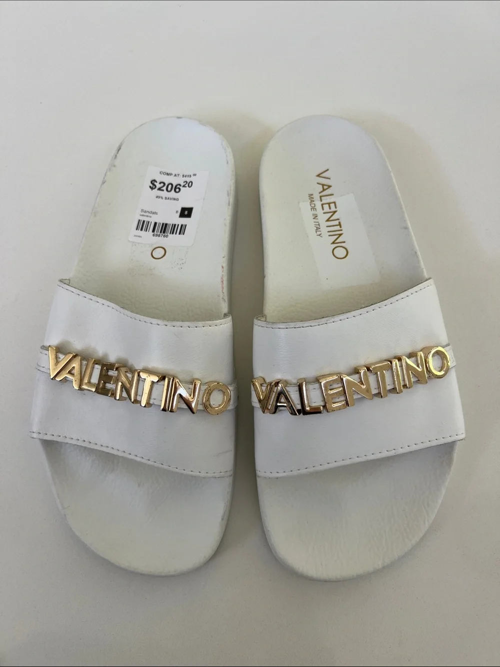 Valentino white leather open toe pool slides sandals with gold tone lettering 5